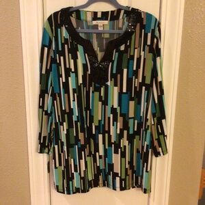 JM Collection XL Colorful Long Sleeve Top with Shiny Collar